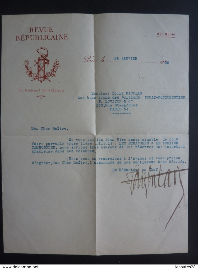 REVUE REPUBLICAINE AVEC EMBLEME AUTOGRAPHES - Enveloppe Timbre Paix Cachet à Date 1935 Oblitération Mécanique  Clas 3 - Documents Historiques
