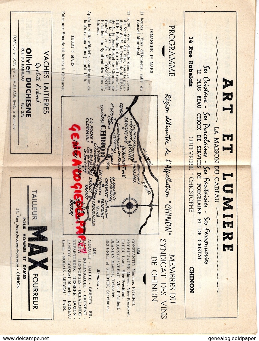 37 - CHINON - DEPLIANT 12 E FOIRE AUX VINS-1 ER AU 5 MARS 1959-HOTEL DE VILLE-M. DESACHE- M. CORRECH-M. CONSTANTIN-MAX