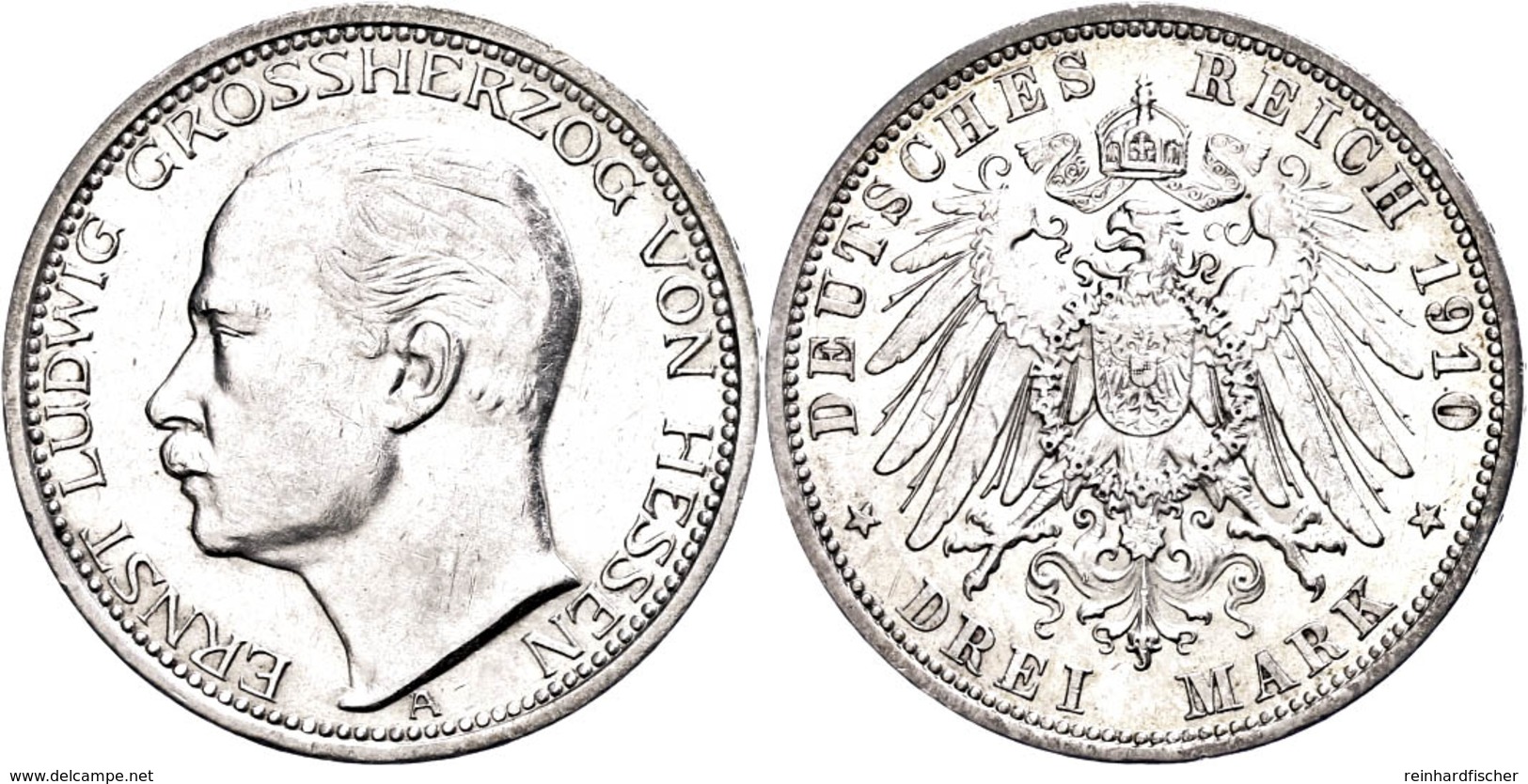 69 3 Mark, 1910, Ernst Ludwig, Wz. Rf., Ss-vz., Katalog: J. 76 Ss-vz - Other & Unclassified