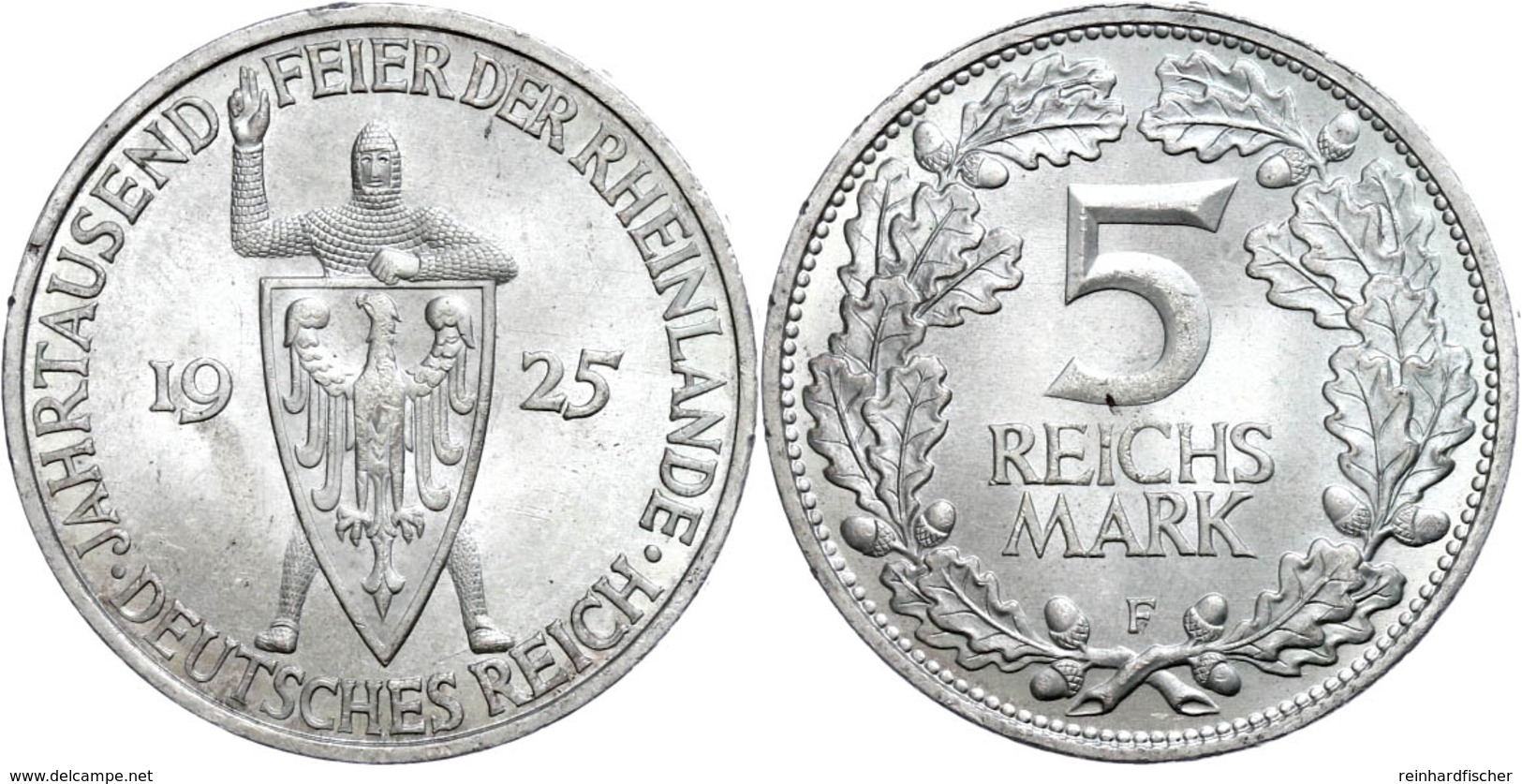 156 5 Reichsmark, 1925, F, Rheinlande, Randfehler, Vz., Katalog: J. 322 Vz - Sonstige & Ohne Zuordnung