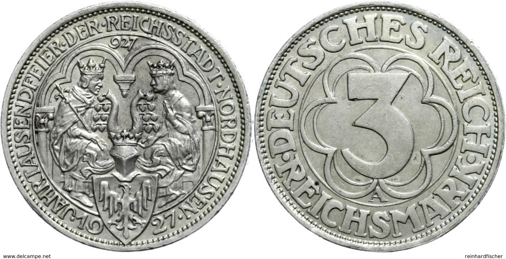 157 3 Reichsmark, 1927, Nordhausen, Wz. Rf., Vz., Katalog: J. 327 Vz - Autres & Non Classés