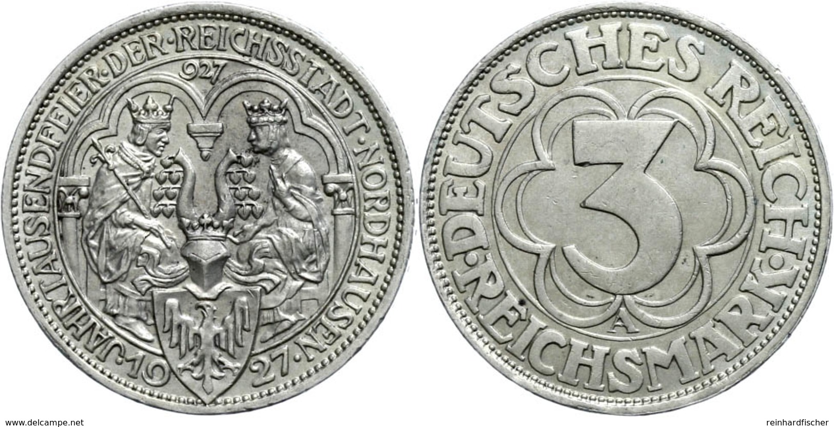 157 3 Reichsmark, 1927, Nordhausen, Wz. Rf., Vz., Katalog: J. 327 Vz - Sonstige & Ohne Zuordnung