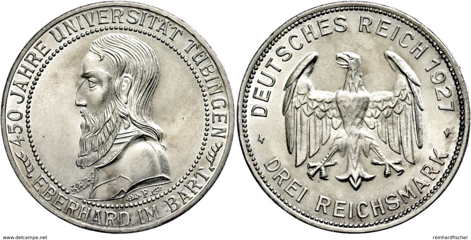 158 3 Reichsmark, 1927, Universität Tübingen, Wz. Haarlinien Auf Dem Avers, F. St., Katalog: J. 328 - Sonstige & Ohne Zuordnung