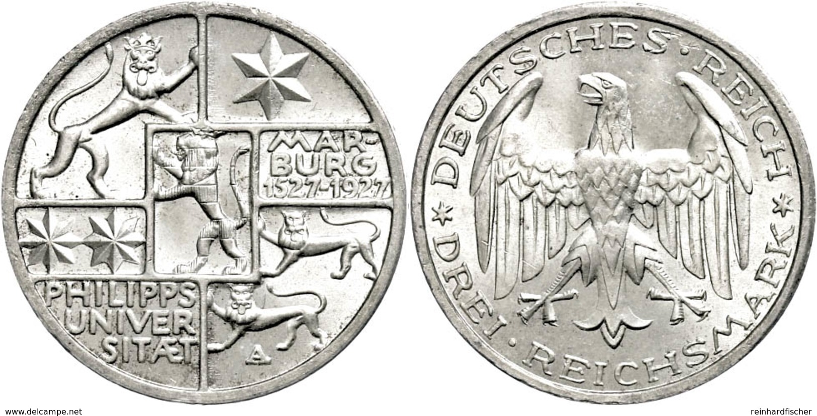 159 3 Reichsmark, 1927, Marburg, Kl. Rf., Vz-st., Katalog: J. 330 Vz-st - Sonstige & Ohne Zuordnung
