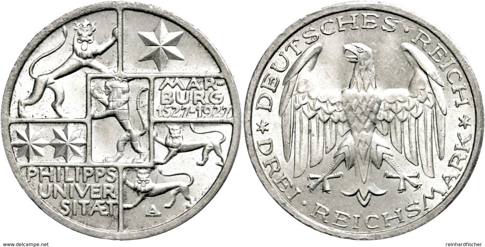 159 3 Reichsmark, 1927, Marburg, Kl. Rf., Vz-st., Katalog: J. 330 Vz-st - Other & Unclassified