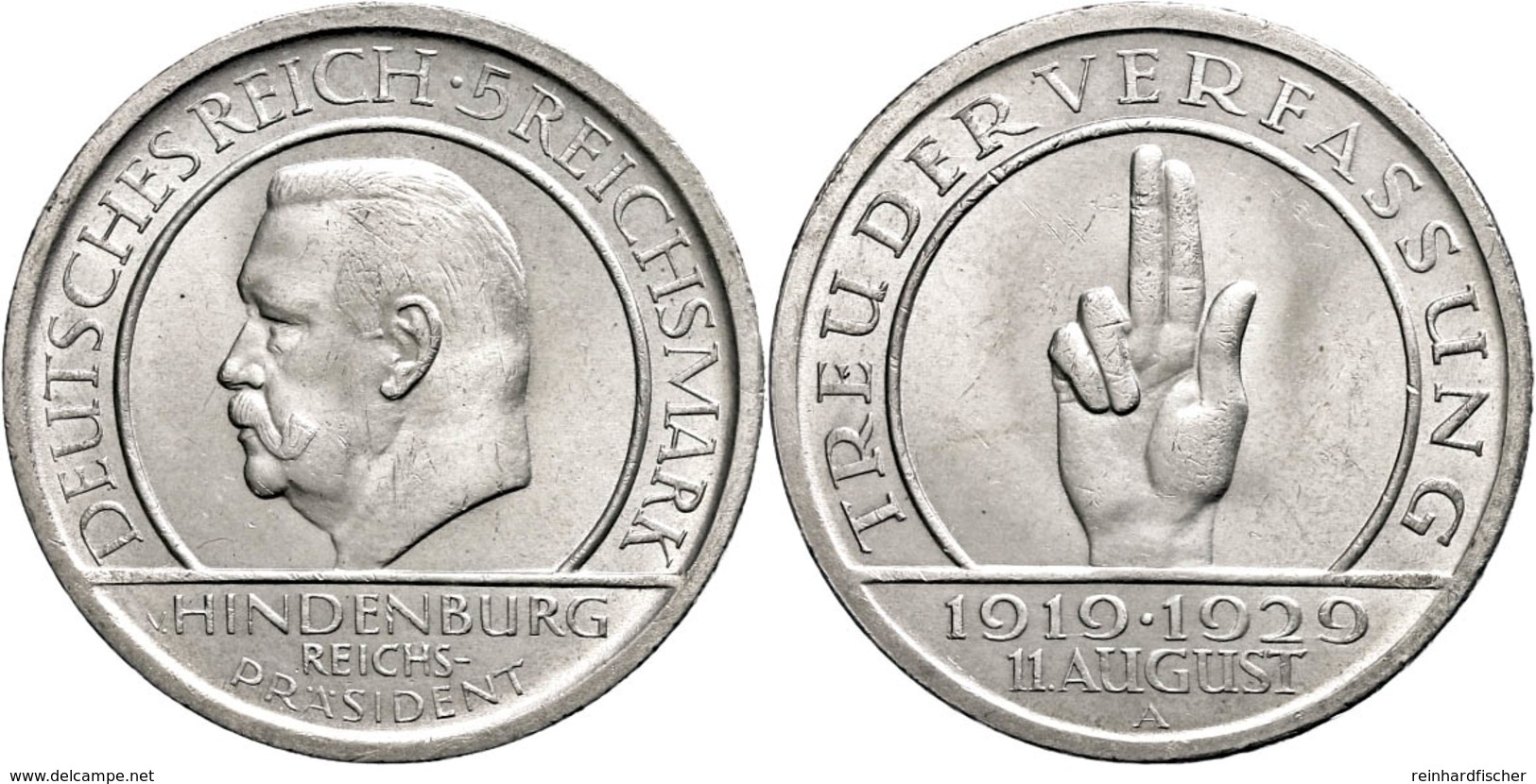 168 5 Reichsmark, 1929, A, Schwurhand, Kl. Rf., Vz+., Katalog: J. 341 - Other & Unclassified