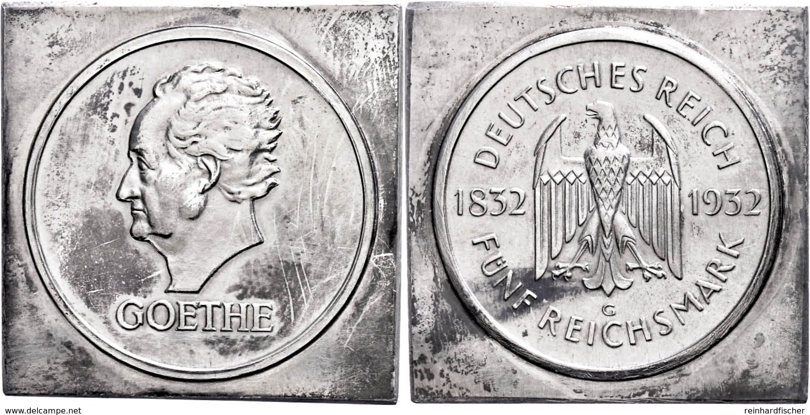 169 5 Reichsmark, 1932, G, Klippe (ca. 41,90x41,50mm), Goethe, Berieben, Vz. Sehr Selten!, Katalog: J. 351 Vz - Other & Unclassified