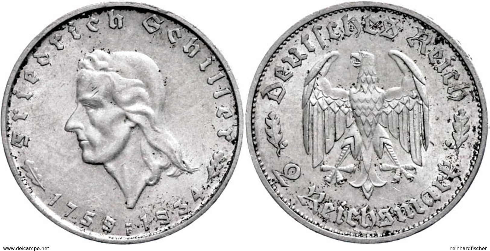 170 2 Reichsmark, 1934, Schiller, Randfehler, Vz., Katalog: J. 358 Vz - Sonstige & Ohne Zuordnung