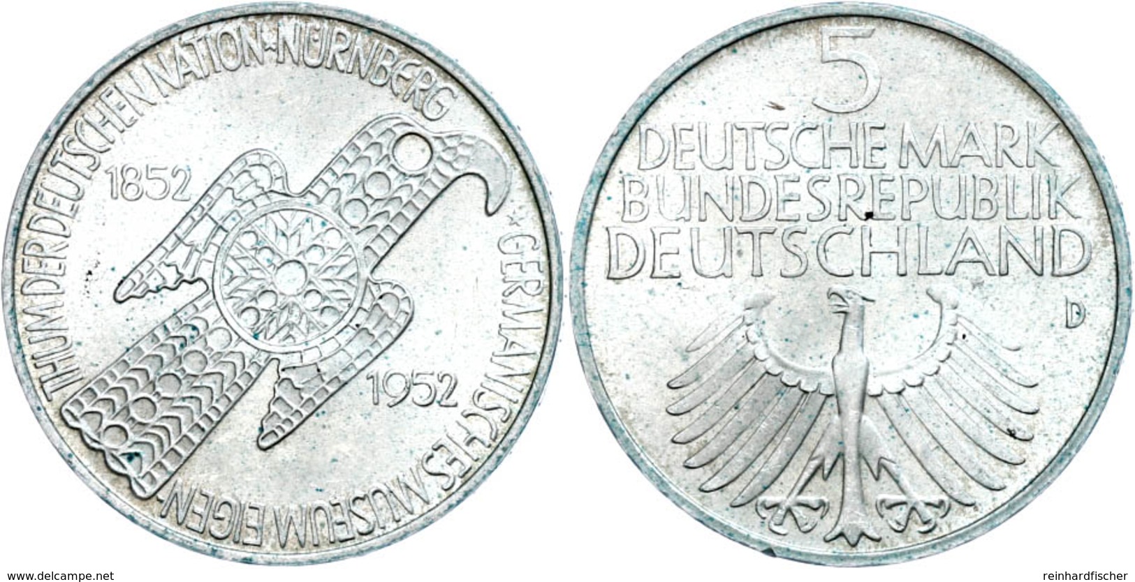 181 5 Mark, 1952, Germanisches Museum, Etwas Grünspan, Vz., Katalog: J. 388 Vz - Andere & Zonder Classificatie