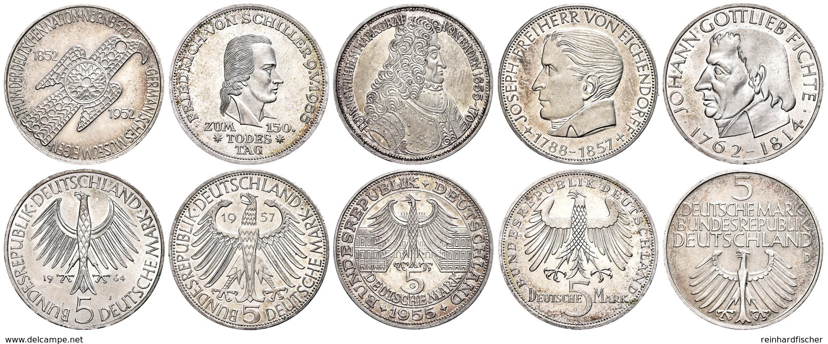 186 5x5 Mark, 1952-1964, Germanisches Museum Bis Fichte, J. 388, 389, 390, 391 Und 393, Jeweils Vz., Katalog: J. 388 Vz - Sonstige & Ohne Zuordnung