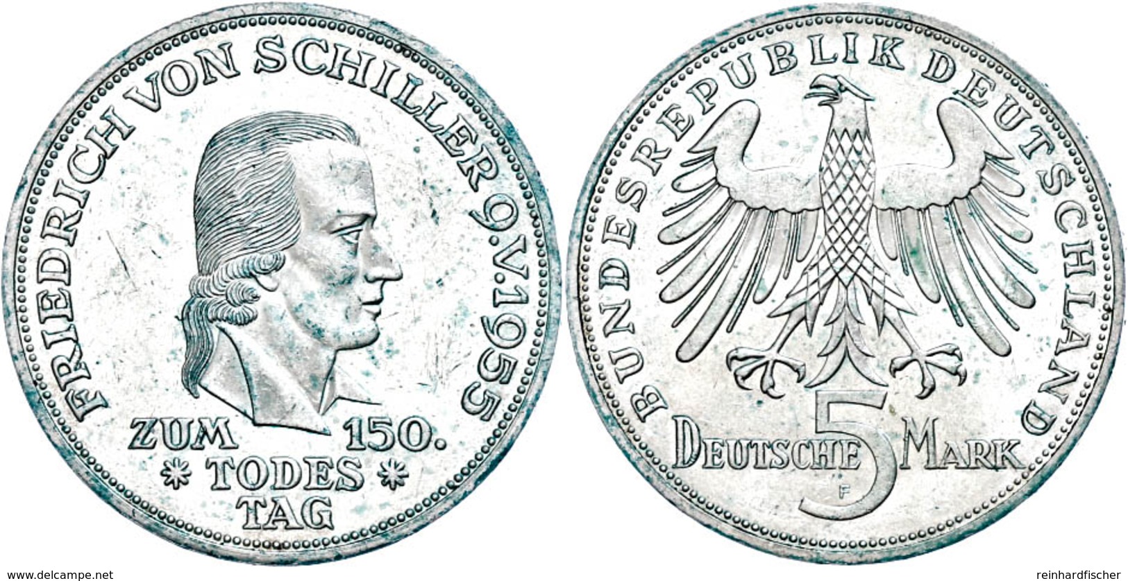 189 5 Mark, 1955, Schiller, Etwas Grünspan, Vz., Katalog: J. 389 Vz - Sonstige & Ohne Zuordnung