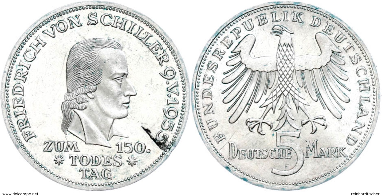 190 5 Mark, 1955, Schiller, Fleckig, Kl. Rf., Vz., Katalog: J. 389 Vz - Other & Unclassified