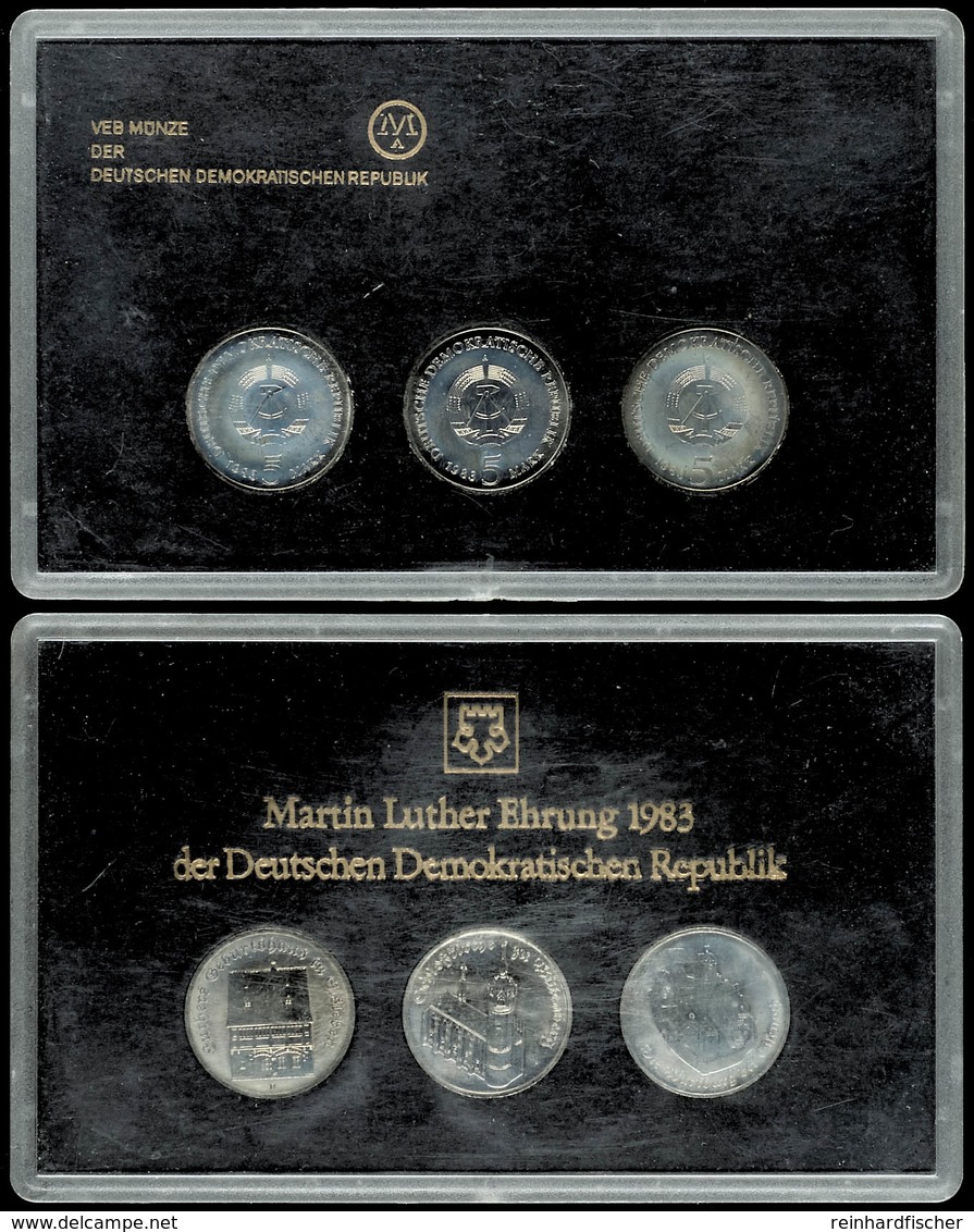 271 Thematischer Kursmünzensatz Martin Luther, 1983, Ehrung Mit 5 Mark Wartburg (1983), 5 Mark Schlosskirche In Wittenbe - Münz- Und Jahressets
