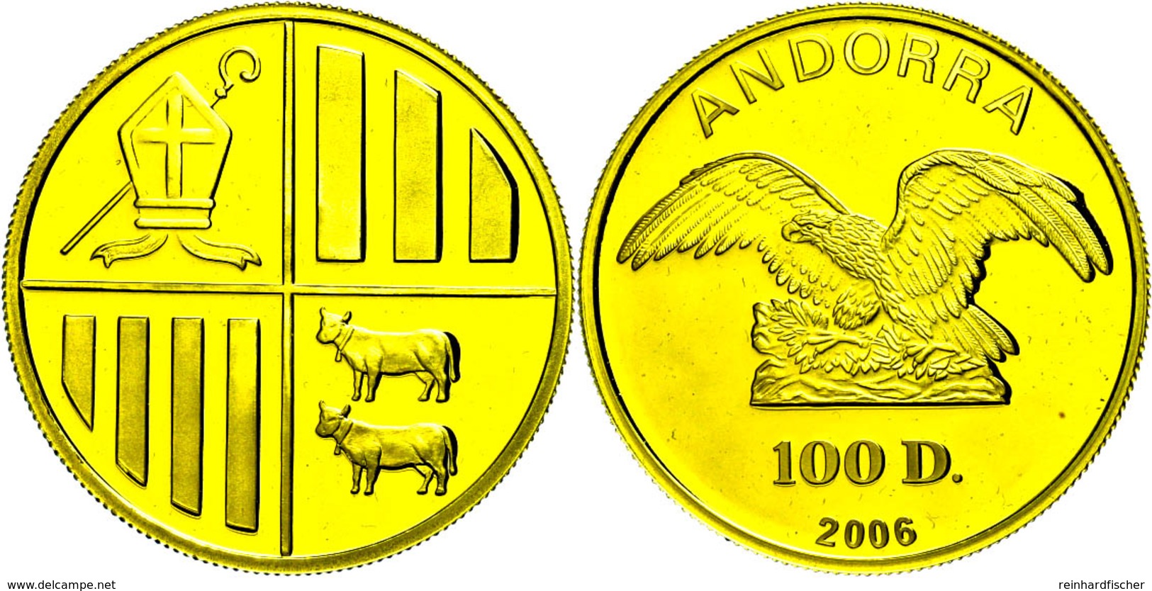 280 100 Diners, Gold, 2006, Av: Adler Auf Felsen, Rev: Wappen Mit Mitra Und Bischofsstab, 1 Oz, KM 298, Im Originaletui  - Andorra