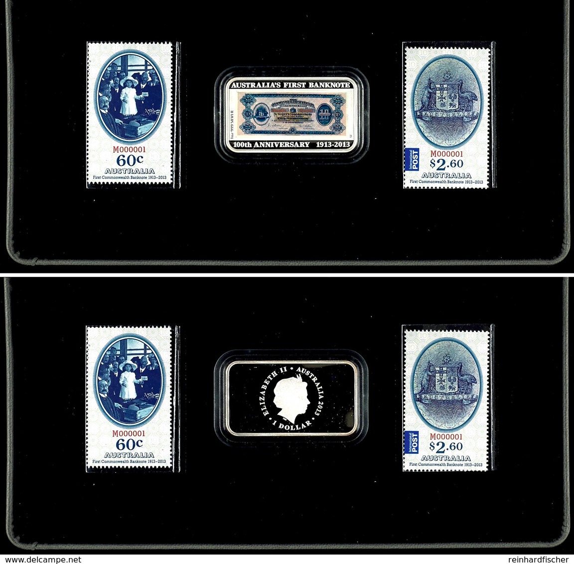 296 1 Dollar, 2013, 100. Jahrestag Der Ersten Banknote Australiens, 1 Unze Silber, 2 Briefmarken, In Schatulle Mit OVP U - Sonstige & Ohne Zuordnung