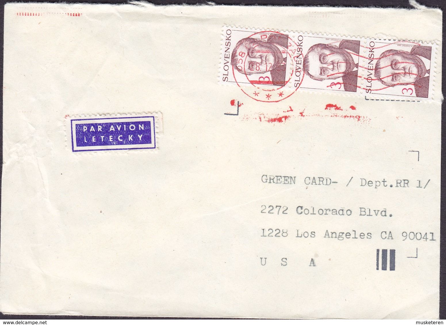 Slovakia PAR AVION Letecky Label 1993 Cover Brief LOS ANGELES United States 3-Stripe - Covers & Documents