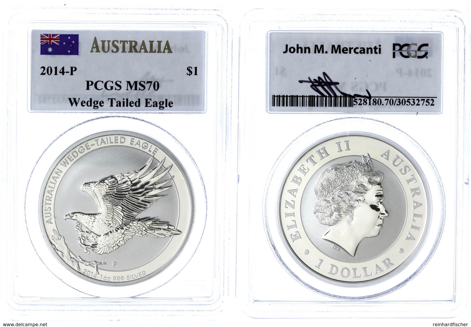 303 1 Dollar, 2014, Wedge Tailed Eagle, In Slab Der PCGS Mit Der Bewertung MS70, First Strike, Flag Label. - Andere & Zonder Classificatie