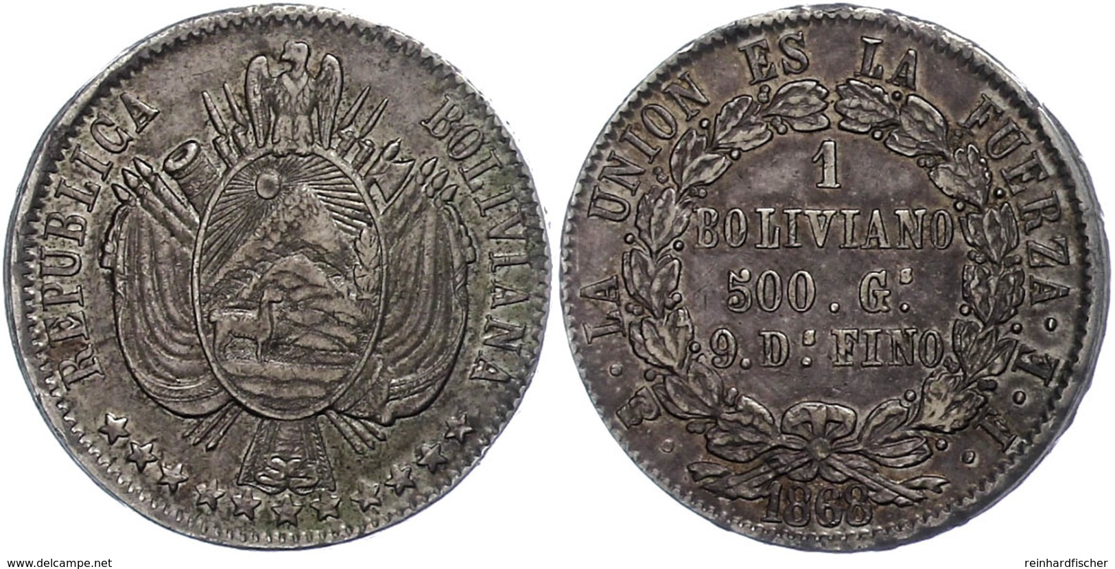 332 Boliviano,1868, La Plata, FE, KM 152.2, Kl. Rf., Ss+ - Bolivië