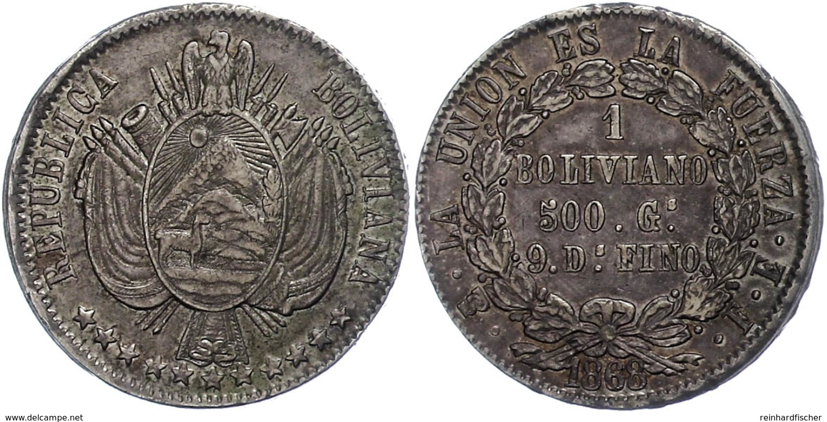 332 Boliviano,1868, La Plata, FE, KM 152.2, Kl. Rf., Ss+ - Bolivia