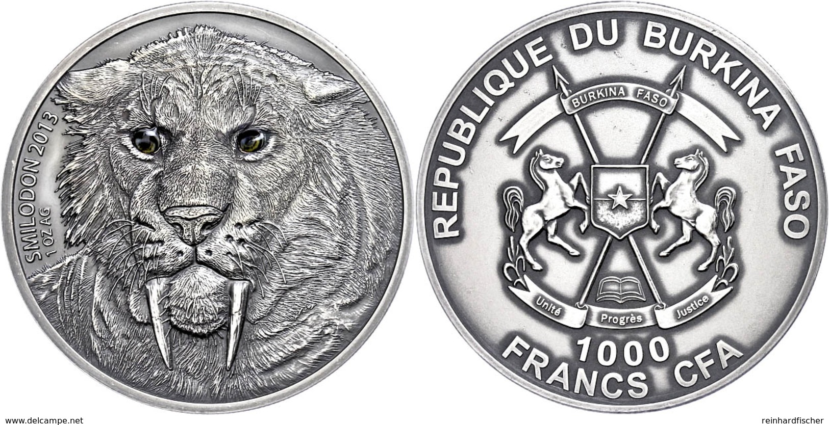 333 1.000 Francs, 2013, Säbelzahntiger - Real Eye Effect, 1 Unze Silber, Etui Mit OVP Und Zertifikat. Auflage Nur 500 St - Burkina Faso