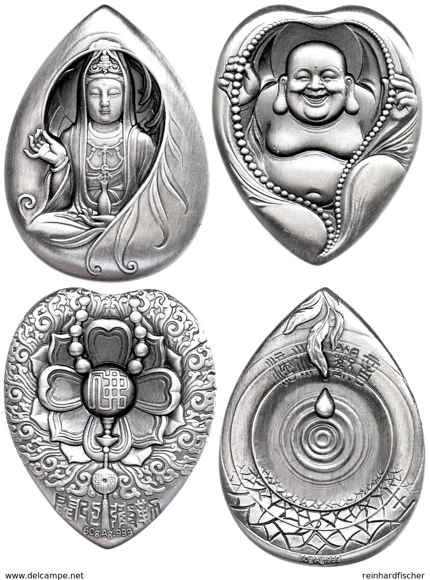 335 Set Zu Zwei Silbermedaillen, O.J., Budhha, Je 60g Silber, Antik Finish, Etuis Mit Zertifikaten, St. Auflage Jeweils  - China