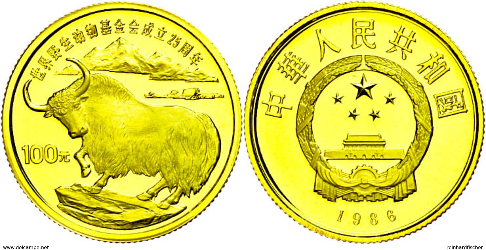 336 100 Yuan, Gold, 1986, Yak, 10,40g Fein, KM 151, In Kapsel, Mit WWF-Zertifikat, PP. Auflage Nur 3000 Stück.  PP - China