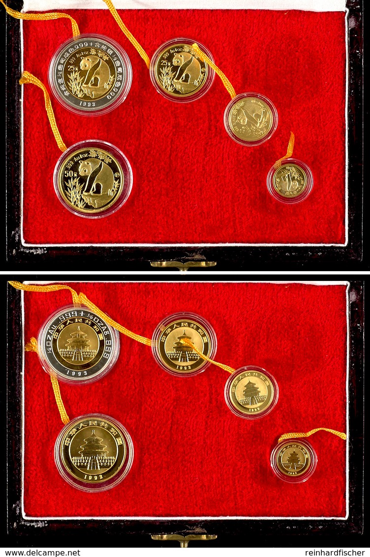 341 1993, Panda Set Zu 5, 10, 25, 50 Yuan Gold Sowie 25 Yuan (Bimetall). Mit Zertifikat In Ausgabeschatulle Und OVP. PP. - China