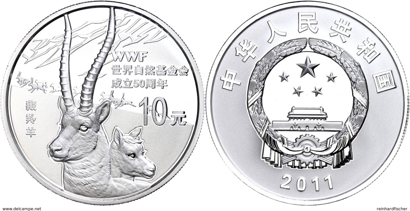 345 10 Yuan, 2011, 50 Jahre WMF - Tibet Antilope, 1 Unze Silber, Etui Mit OVP Und Zertifikat, PP  PP - China