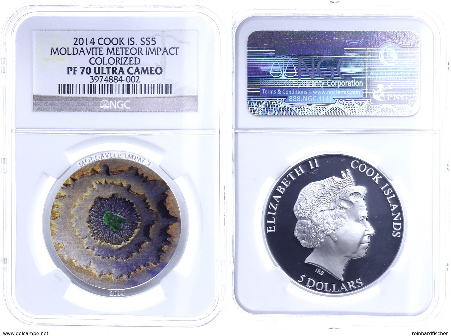 361 5 Dollars, 2016, Madavite Meteor, In Slab Der NGC Mit Der Bewertung PF70 Ultra Cameo, Colorized. - Cookeilanden