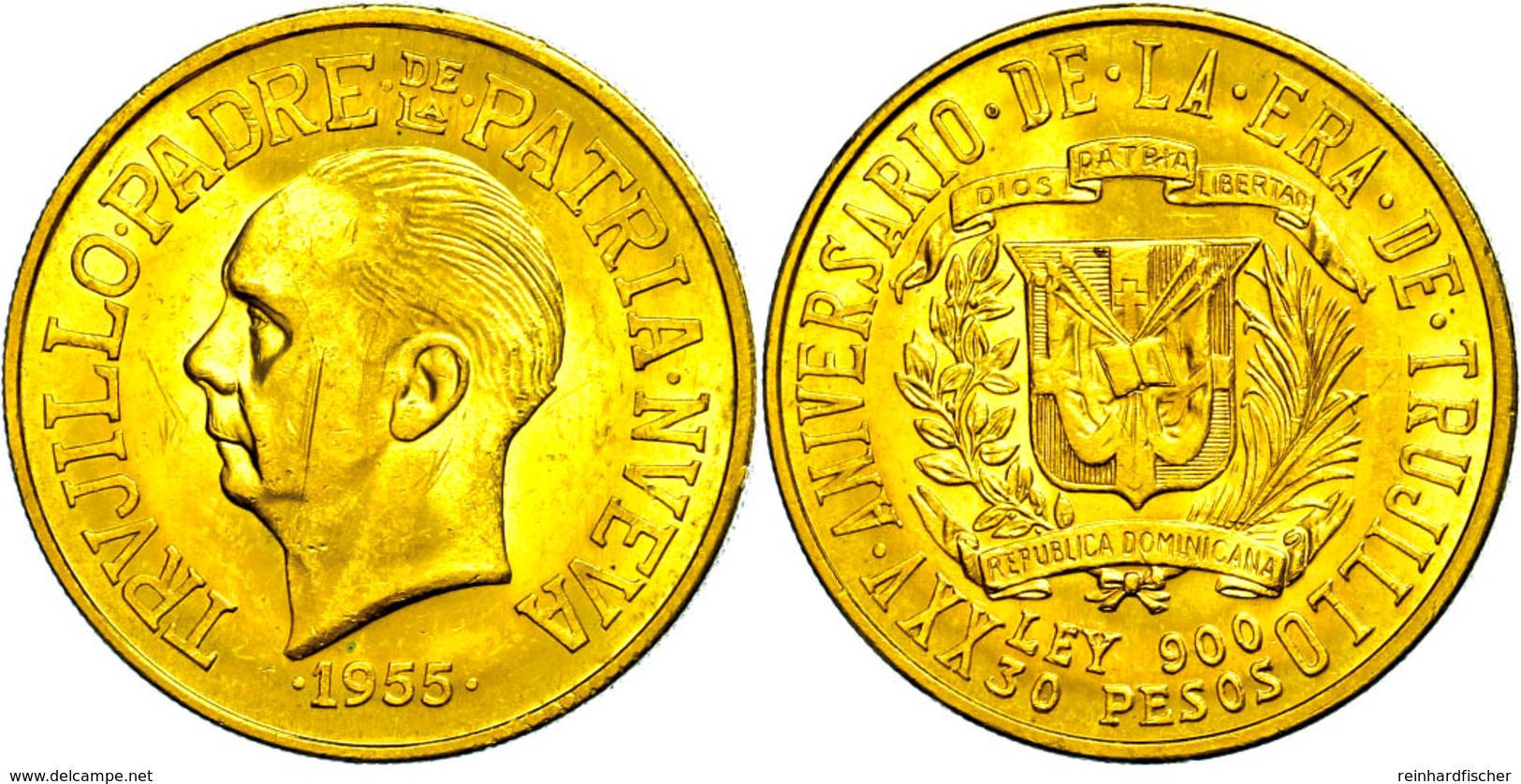 365 30 Pesos, Gold, 1955, President Trujillo, Fb. 1, Kratzer, Kl. Rf., Vz+. - Dominicaanse Republiek