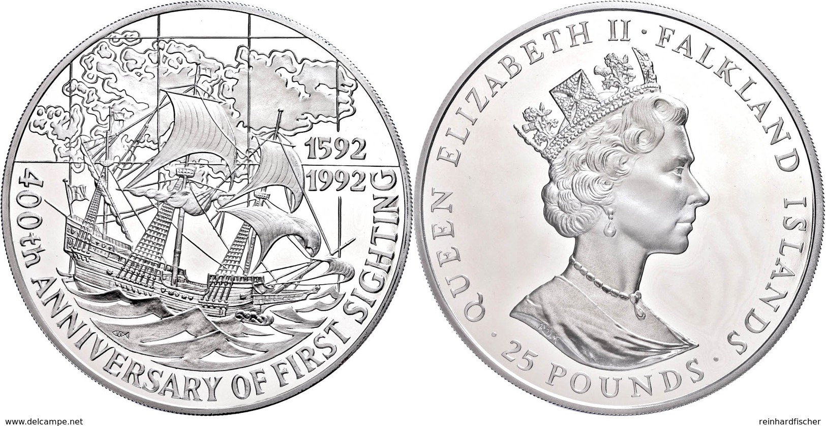 371 25 Pounds, 5 Unzen Silber, 1992, H.M.S. Desire, KM 39, In Kapsel, PP.  PP - Falklandinseln