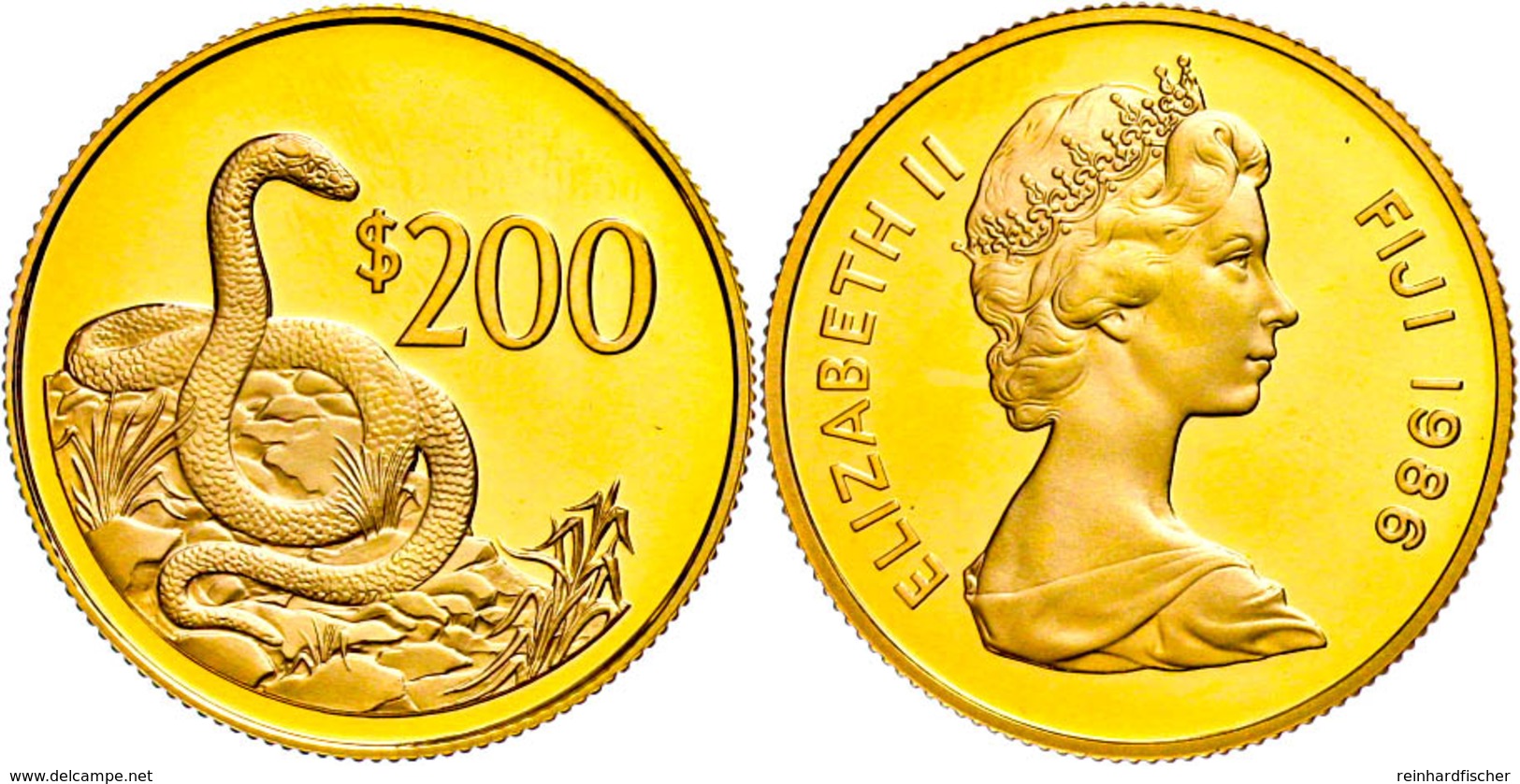 372 200 Dollars, Gold, 1986, Ogmodon (Fidschi-Schlange), 14,66g Fein, KM 56, In Kapsel, Mit WWF-Zertifikat, PP. Auflage  - Fidschi