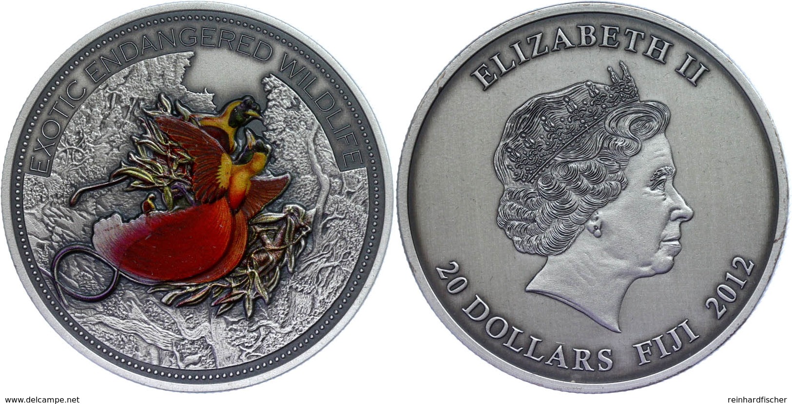 374 20 Dollars, 2012, Paradiesvogel, 2 Unze Silber, Coloriert, Antik Finish, Etui Mit OVP Und Zertifikat, St. Auflage Nu - Fiji