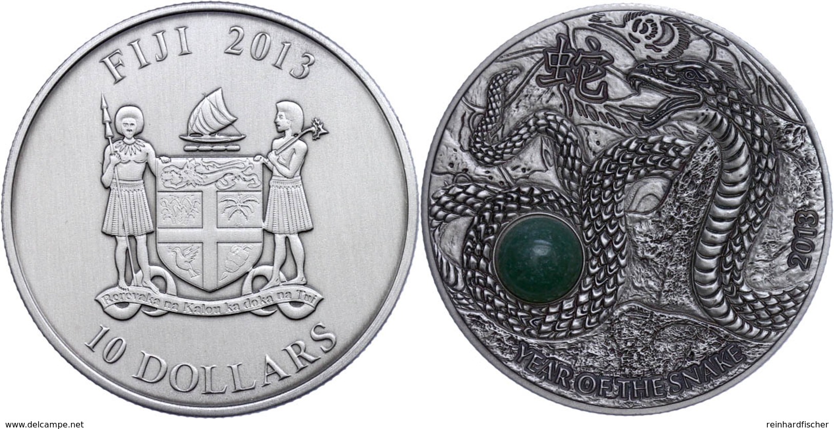 377 10 Dollars, 2013, Year Oh The Snake, 999er Silber, Antik Finish, High Relief, Stein, In Kapsel Mit Zertifikat. Aufla - Fiji