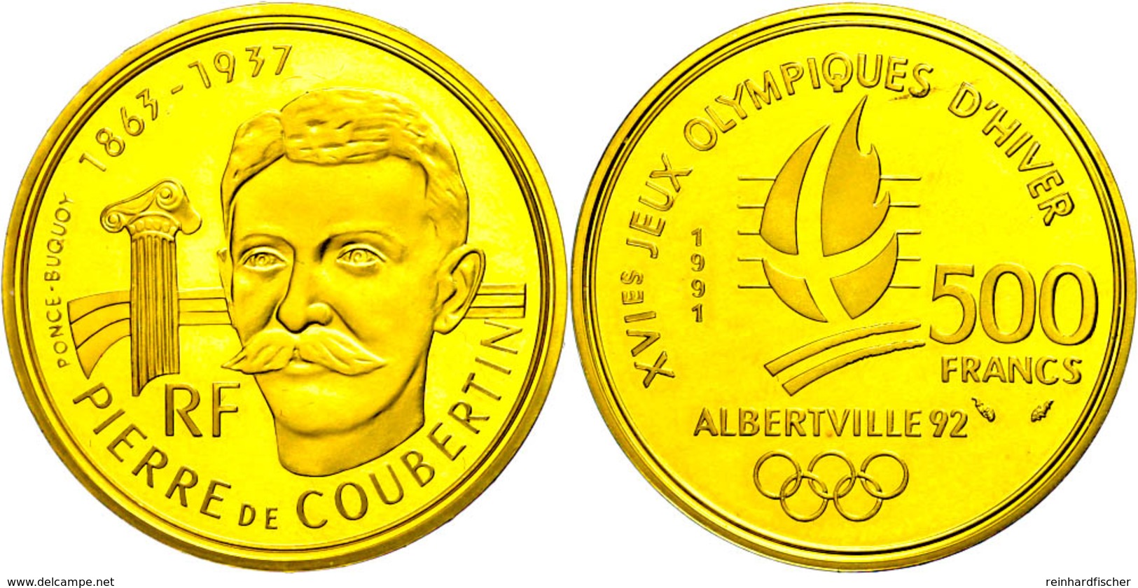 388 500 Francs, Gold, 1991, Pierre De Coubertin, Fb. 621, Mit Zertifikat In Ausgabeschatulle, PP.  PP - Sonstige & Ohne Zuordnung