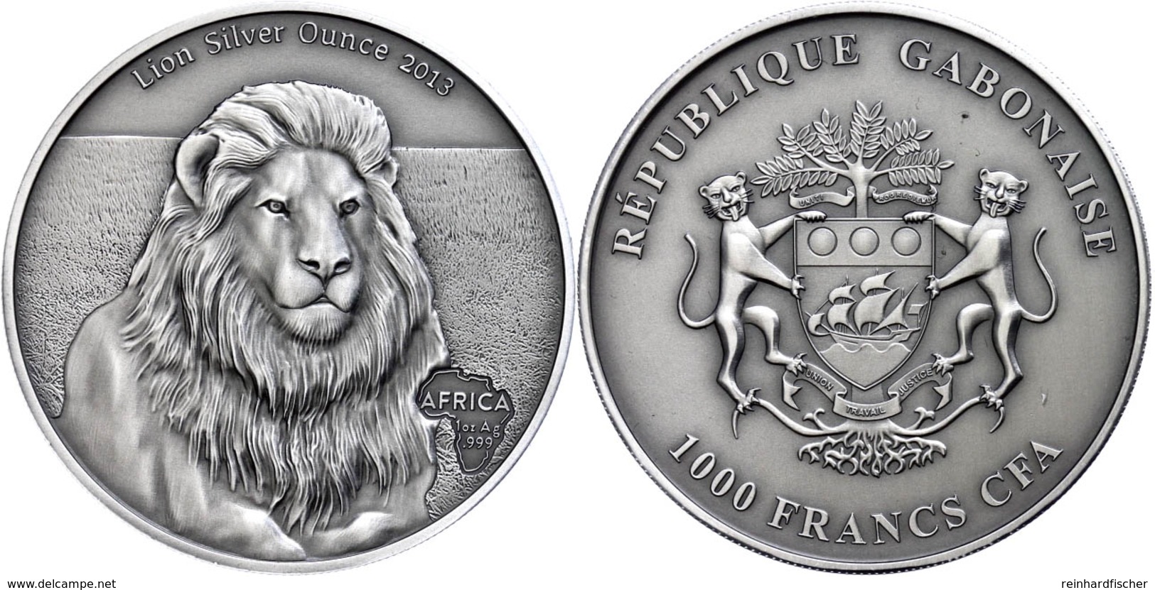 428 1.000 Francs, 2013, Africa - Löwe, 1 Unzen Silber, Antik Finish, In Kapsel Mit Zertifikat, St. Auflage Nur 2.000 Stü - Gabun