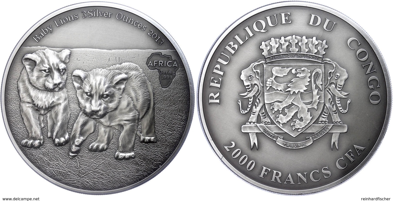 429 2.000 Francs, 2013, Africa - Babylöwen, 3 Unzen Silber, Antik Finish, In Kapsel Mit Zertifikat, St. Auflage Nur 500  - Gabun