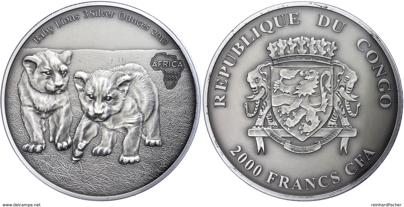 430 2.000 Francs, 2013, Africa - Babylöwen, 3 Unzen Silber, Antik Finish, In Kapsel Mit Zertifikat, St. Auflage Nur 500  - Gabun