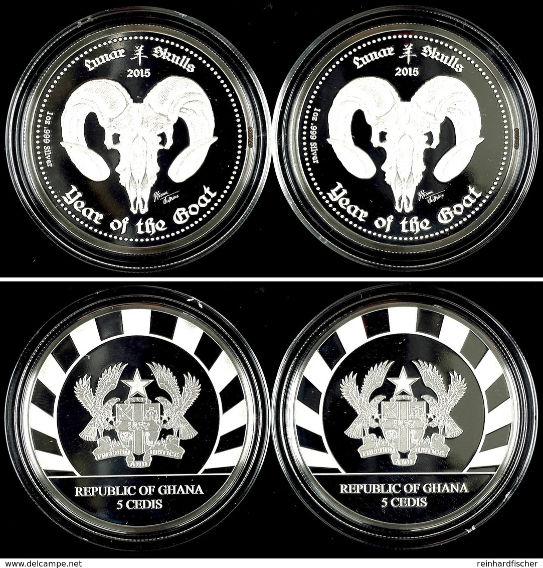 431 2x 5 Cedi, 2015, Lunar Skulls - Year Of The Goat, 1 Unze Silber, In Kapsel Mit Zertifikat, PP. Auflage Nur 500 Stück - Ghana