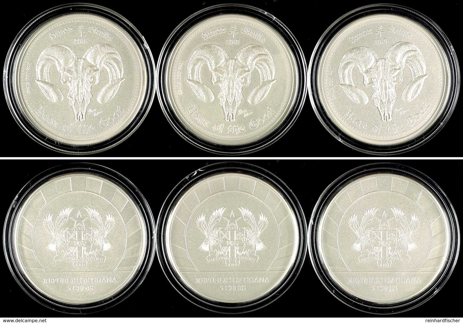 432 3x 5 Cedi, 2015, Lunar Skulls - Year Of The Goat, 1 Unze Silber, In Kapsel Mit Zertifikat, St. Auflage Nur 2000 Stüc - Ghana