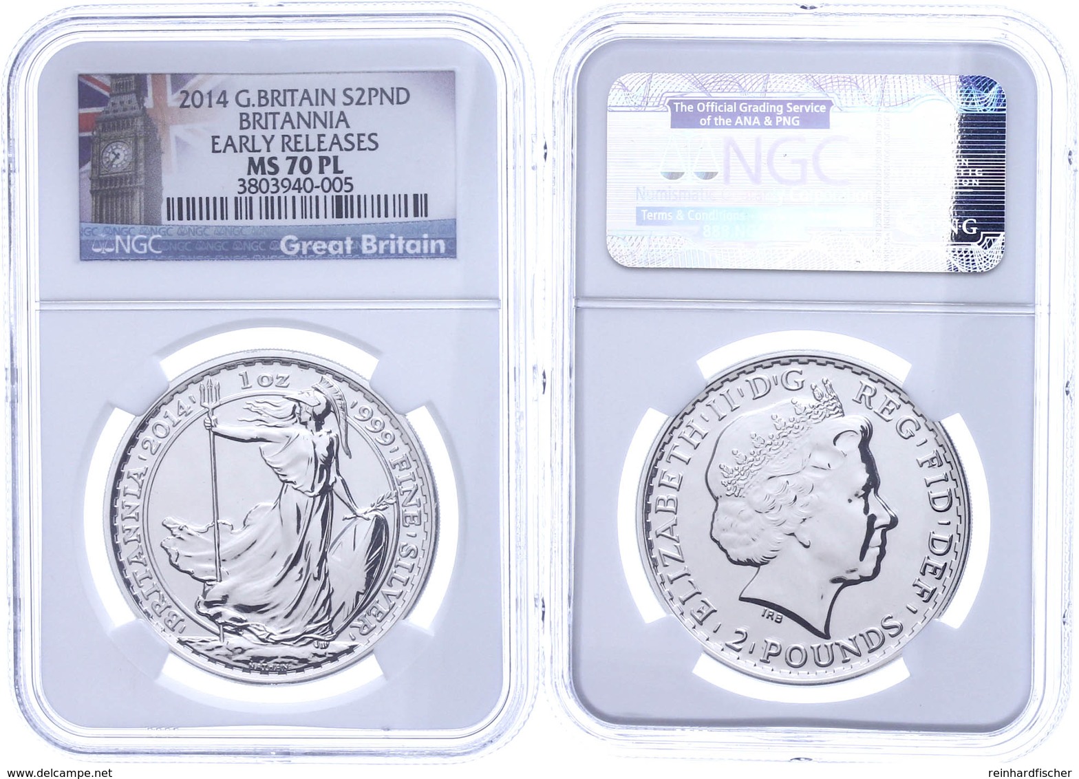 451 2 Pounds, 2014, Britannia, In Slab Der NGC Mit Der Bewertung MS70 PL, Early Releases, Big Ben Label. - Andere & Zonder Classificatie