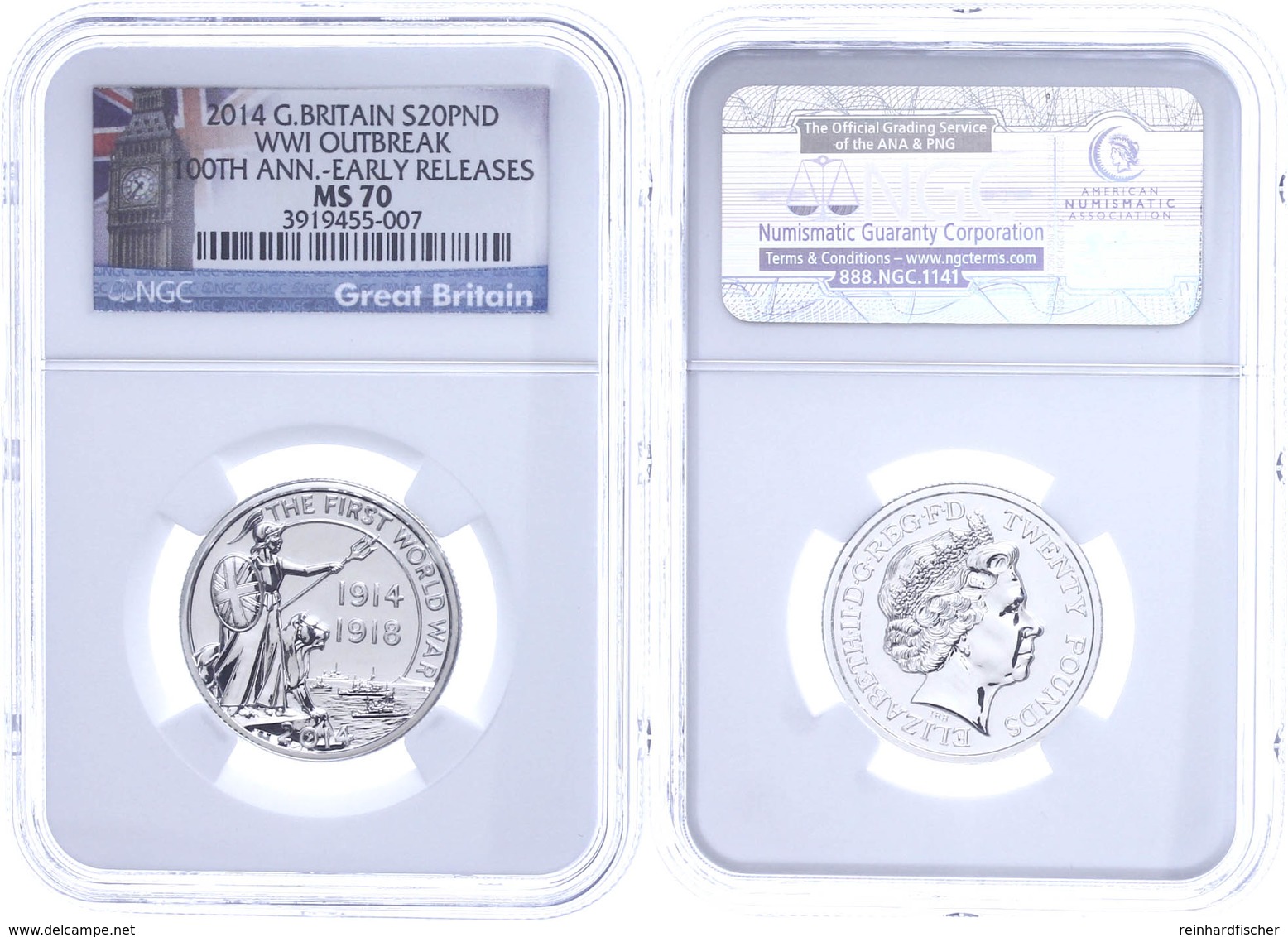 452 20 Pounds, 2014, WWI Outbreak, In Slab Der NGC Mit Der Bewertung MS70, Early Releases, Big Ben Label. - Andere & Zonder Classificatie