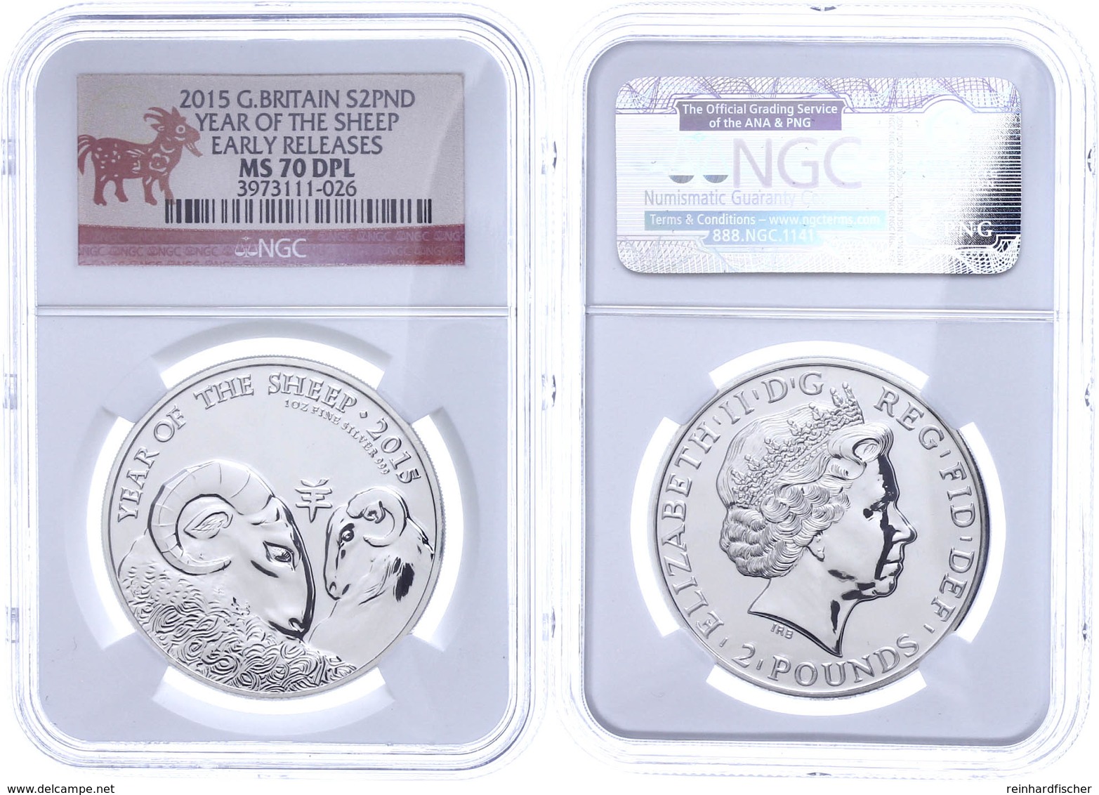 457 2 Pounds, 2015, Year Of The Sheep, In Slab Der NGC Mit Der Bewertung MS70 DPL, Early Releases. - Sonstige & Ohne Zuordnung