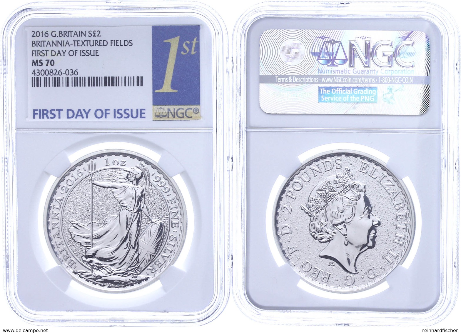 461 2 Pounds, 2016, Britannia, In Slab Der NGC Mit Der Bewertung MS70, Textured Fields, First Day Of Issue Label. - Andere & Zonder Classificatie