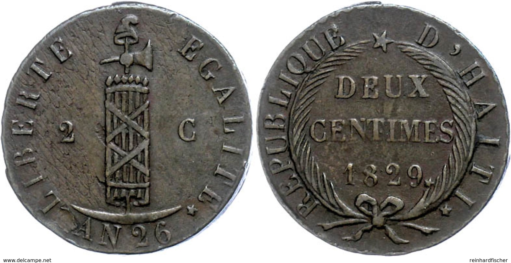 462 2 Centimes, AN 26, 1829, KM A22, Ss.  Ss - Haïti