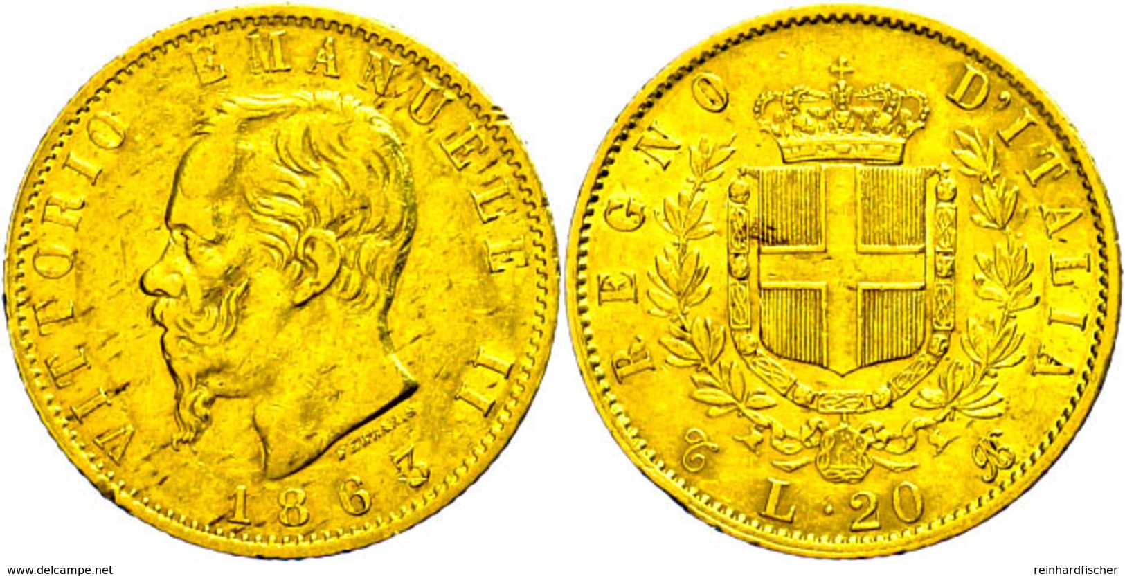 469 20 Lire, Gold, 1863, Vittorio Emanuele II., Fb. 11, Kl. Kr. Und Rf., Ss.  Ss - Andere & Zonder Classificatie