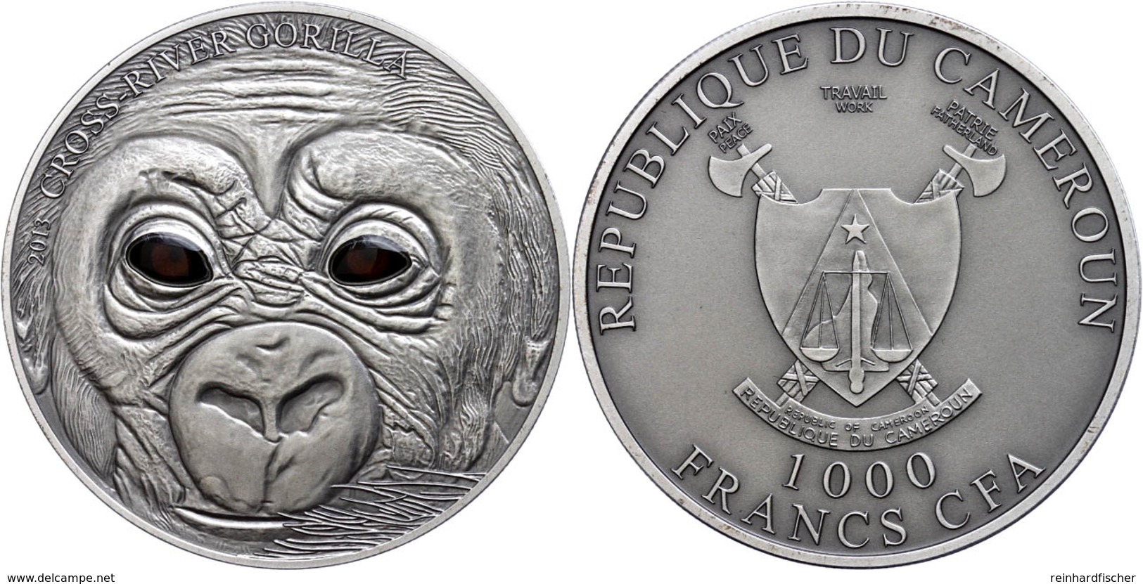 476 1.000 Francs, 2013, Baby Gorilla, 1 Unze Silber, Antik Finish, Real Eye Effect, Etui Mit OVP Und Zertifikat, St. Auf - Cameroon
