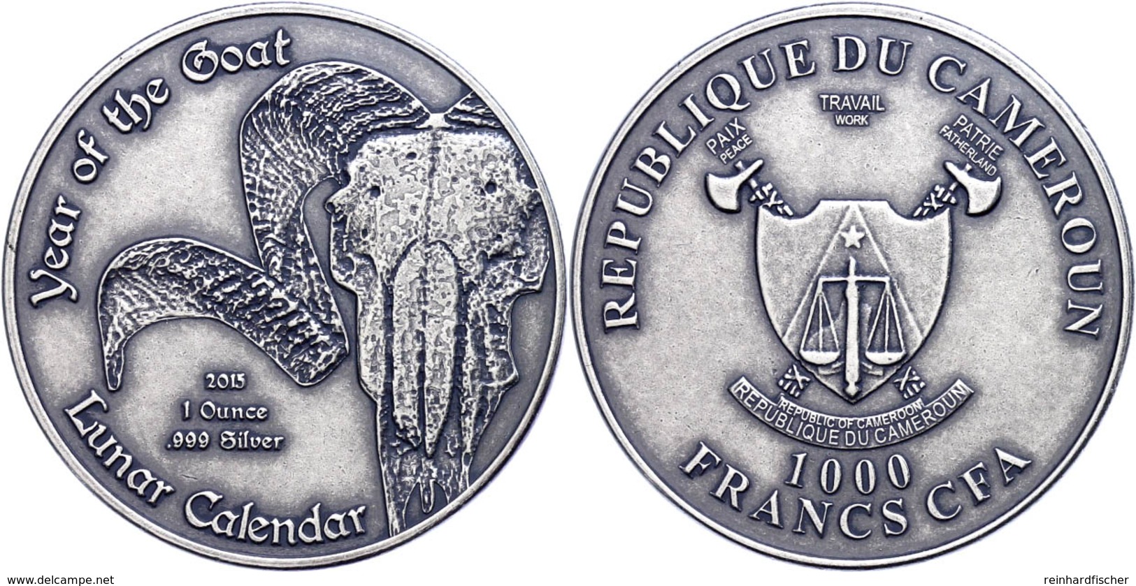 477 2.000 Francs, 2015, Lunar - Jahr Der Ziege, 1 Unze Silber, Antik Finish, In Kapsel, St  St - Kamerun