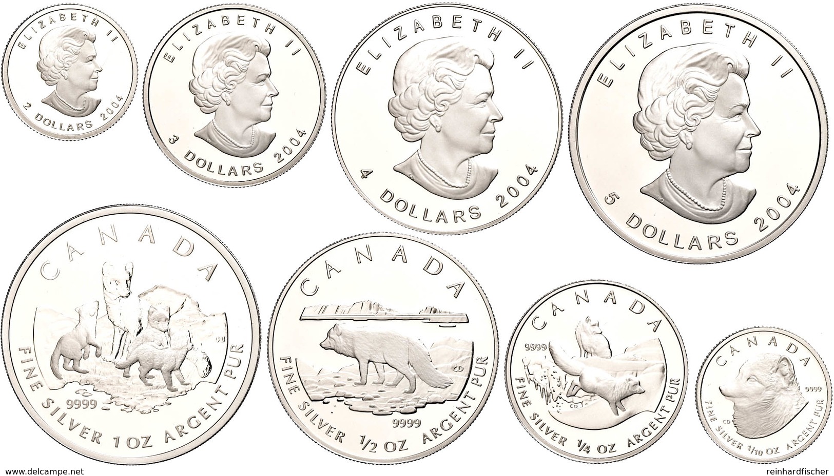 479 2004, Set Zu 2 - 5 Dollars, Silberbarrenmünzen - Arctic Fox, Schön 574 - 577, Im Etui Mit OVP Und Zertifikat, PP. Au - Canada