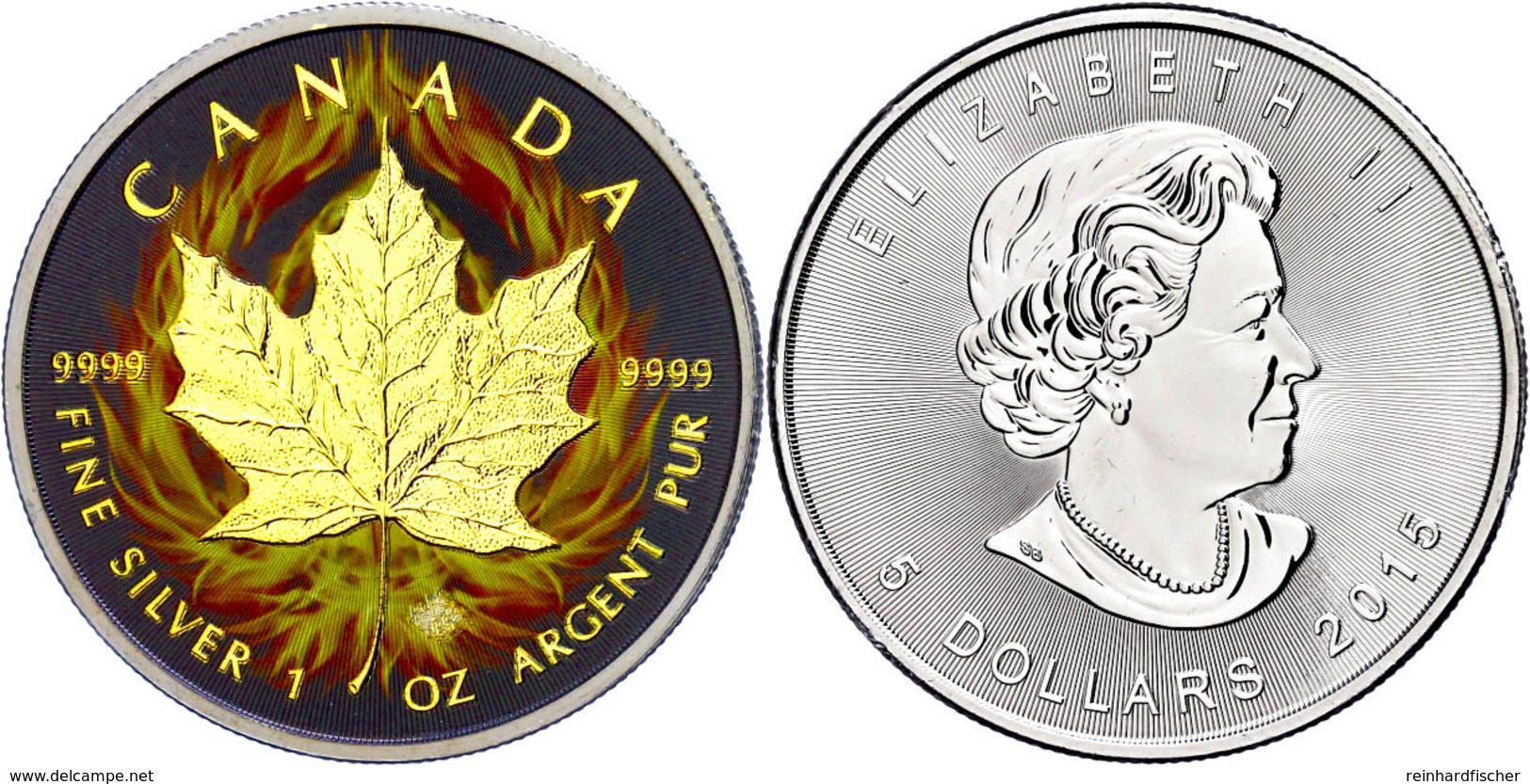 513 5 Dollars, 2015, Burning Maple Leaf, 1 Unzen Silber, Black Ruhenium Finish, Vergoldet, Etui Mit OVP Und Zertifikat.  - Canada